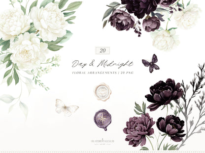 Day & Midnight - Clipart Set Bundle, Romantic Dark Gothic, Feminine, Cottagecore | 94 PNG/JPEG