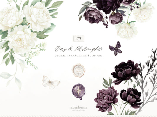 Day & Midnight -Floral Arrangements Clipart, Ivory & Dark Peony Watercolor Flowers, Gothic Romantic | 20 PNG