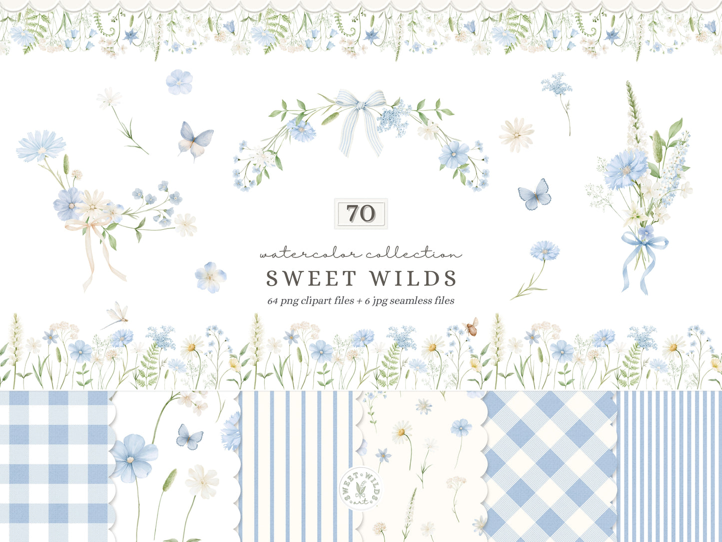 Sweet Wilds - Flowers Clipart, Meadow Flowers, Light Blue Floral, Wildflower Baby Shower | 70 PNG/JPEG