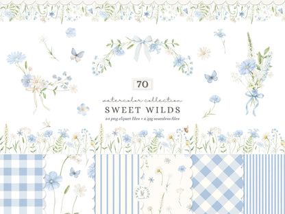 Sweet Wilds - Flowers Clipart, Meadow Flowers, Light Blue Floral, Wildflower Baby Shower | 70 PNG/JPEG