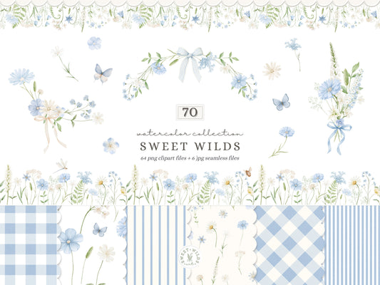 Sweet Wilds - Flowers Clipart, Meadow Flowers, Light Blue Floral, Wildflower Baby Shower | 70 PNG/JPEG
