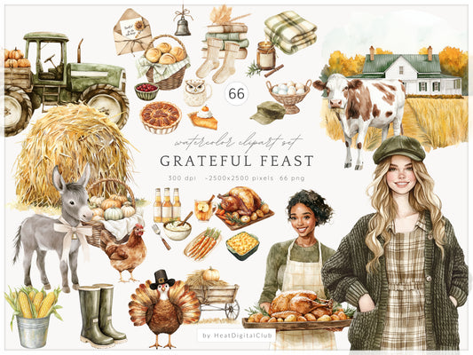 Grateful Feast - Thanksgiving Day Clipart, Autumn Harvest Farm, Fall, Cozy Holiday | 66 PNG