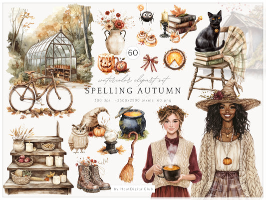 Spelling Autumn - Autumn Clipart, Cozy Cottagecore, Fall Magic, Witchy | 60 PNG