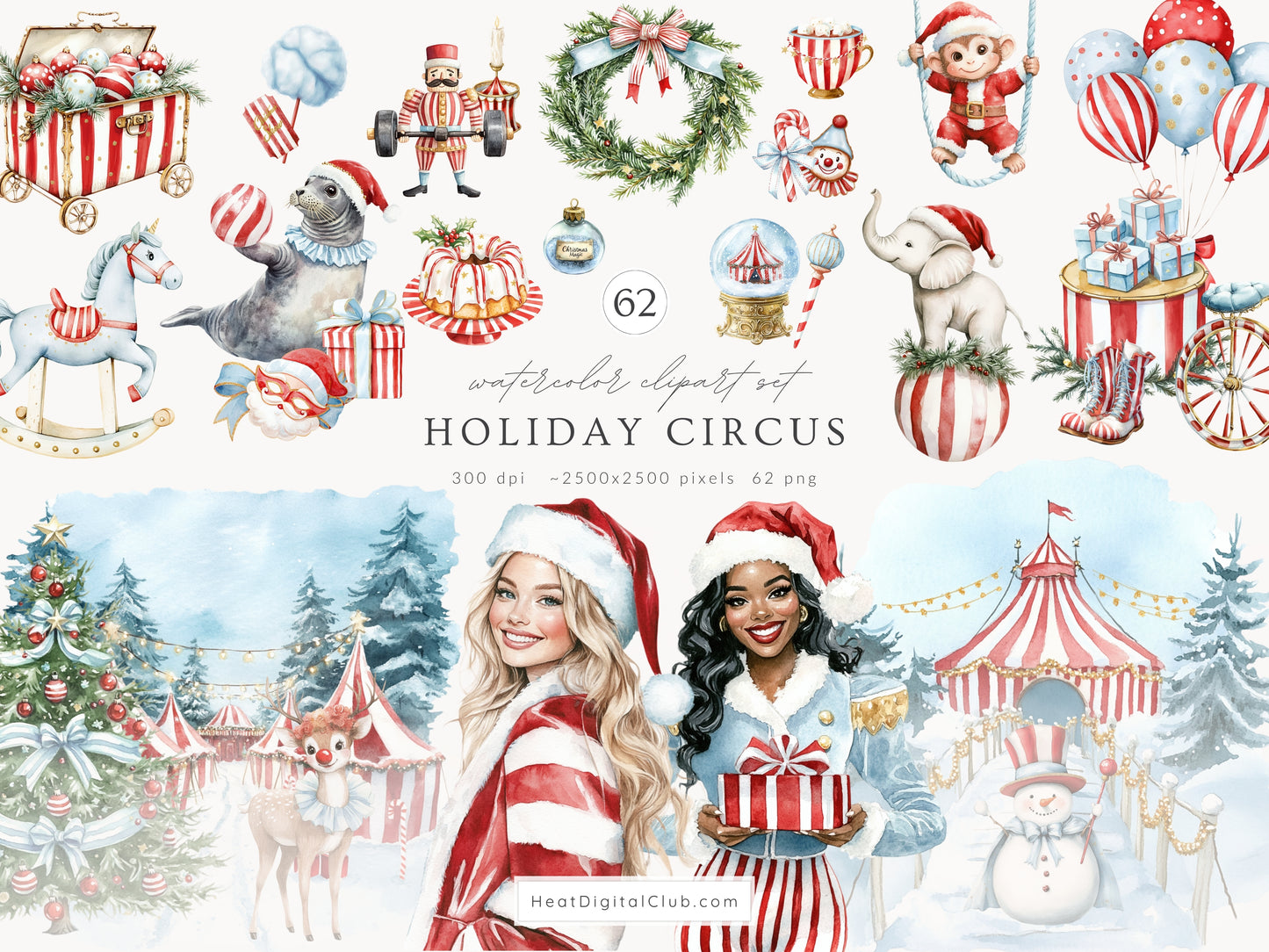 Holiday Circus - Collection Clipart Bundle, Christmas, Festive Animals, Carnival  | 92 PNG/JPEG