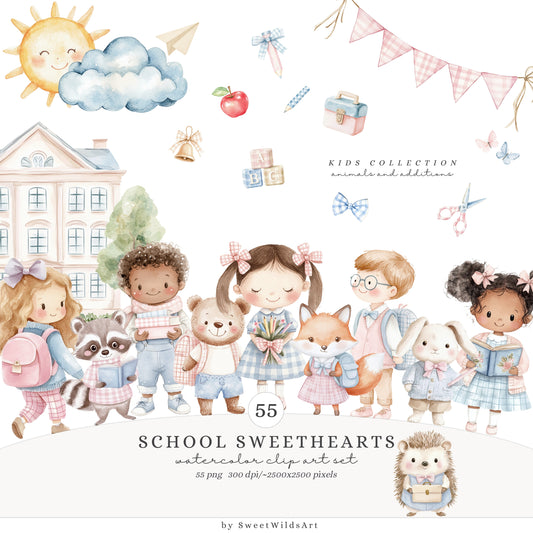 School Sweethearts - Back to School, Grandmillennial, Cute Kids and Animals | 55 PNG