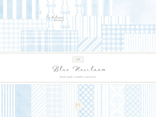 Blue Heirloom - Seamless Patterns, Classic Stripe Gingham Damask Bows, Elegant Digital Paper | 20 JPEG