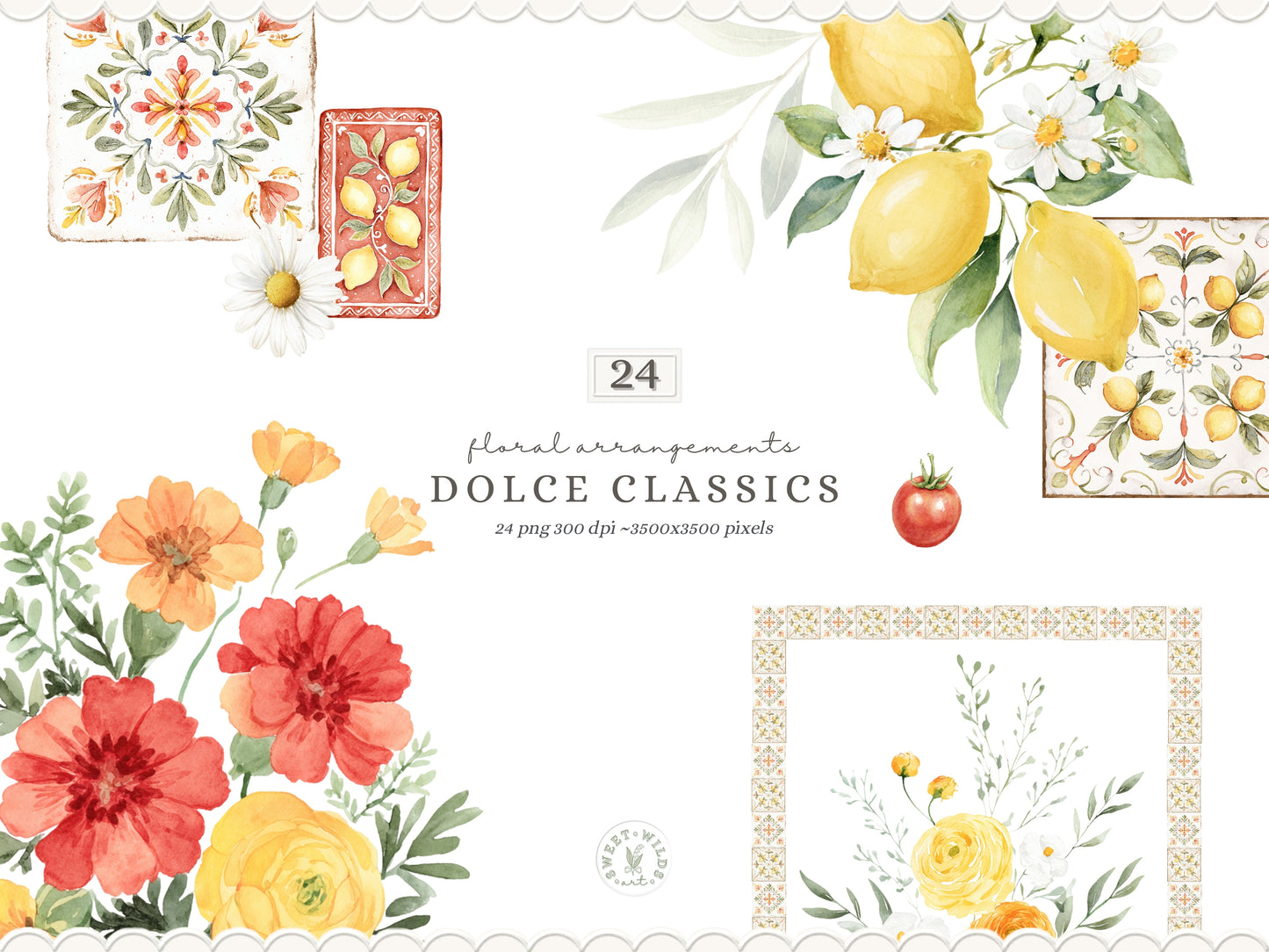 Dolce Classics - Italian Floral Arrangements Clipart, Lemon Flowers, Dolce Vita Florals, Summer Botanical | 24 PNG