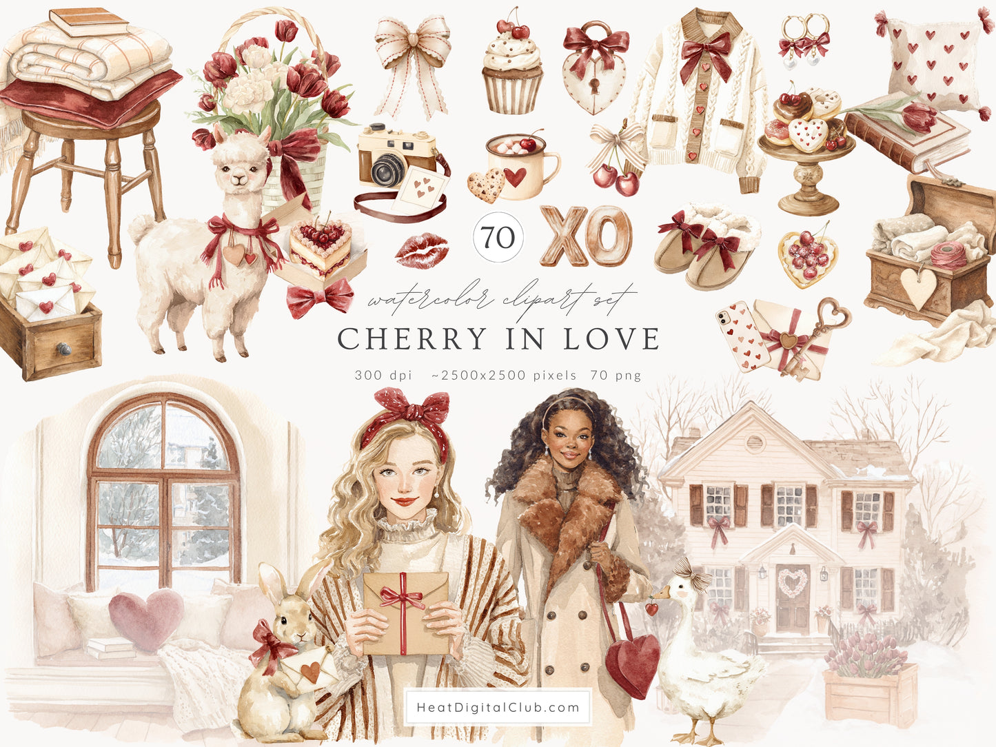 Cherry in Love - Valentine's Day Clipart Bundle, Cute Animals, Hearts, Bows, Romantic | 115 PNG/JPEG