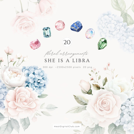 She is a Libra - Floral Arrangements, Zodiac, Elegant Rose & Hydrangea, Gemstones | 20 PNG