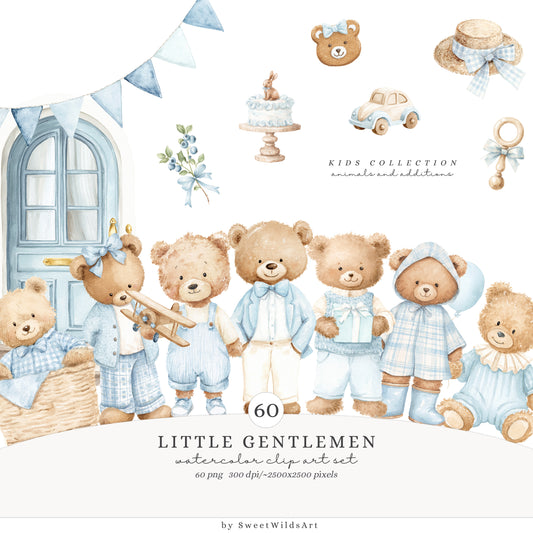 Little Gentlemen -Teddy Bear Clipart, Little Gentlemen Cute Baby Boy, Blue Nursery, Grandmillennial | 60 PNG