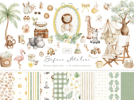 Safari Atelier - Watercolor Safari Clipart, Nursery Safari Animals Clipart, Plush Toys | 108 PNG/JPEG