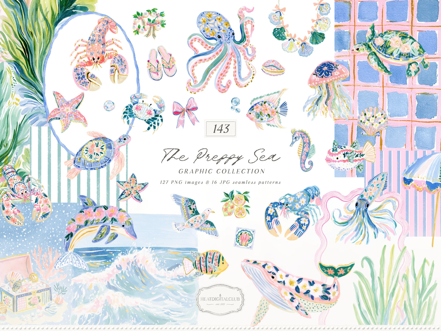 The Preppy Sea - Watercolor Clipart Bundle, Tropical Reef, Sea Creatures, Summer Beach | 143 PNG/JPEG