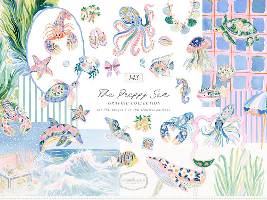 The Preppy Sea - Watercolor Clipart Bundle, Tropical Reef, Sea Creatures, Summer Beach | 143 PNG/JPEG