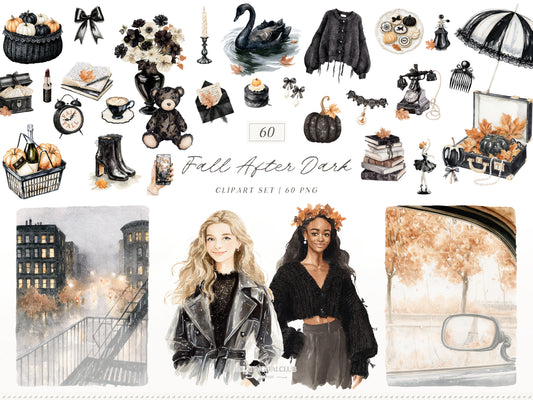 Fall After Dark - Clipart, Dark Coquette Autumn, Black Lace, Moody Rainy Autumn, Feminine Gothic | 40 PNG