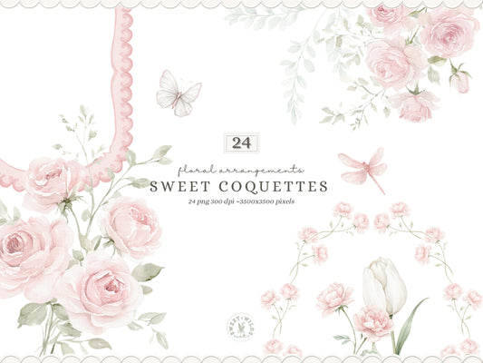 Sweet Coquettes - Floral Arrangements Clipart, Pink Roses Bouquet, Coquette Flowers, Baby Shower Florals | 24 PNG