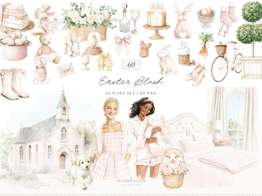 Easter Blush - Clipart, Elegant Easter, Pastel Pink Spring, Cottagecore, Bunny | 60 PNG