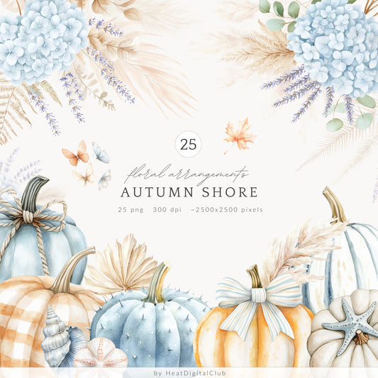 Autumn Shore - Floral Arrangements Clipart, Coastal, Hydrangea, Pumpkins | 25 PNG