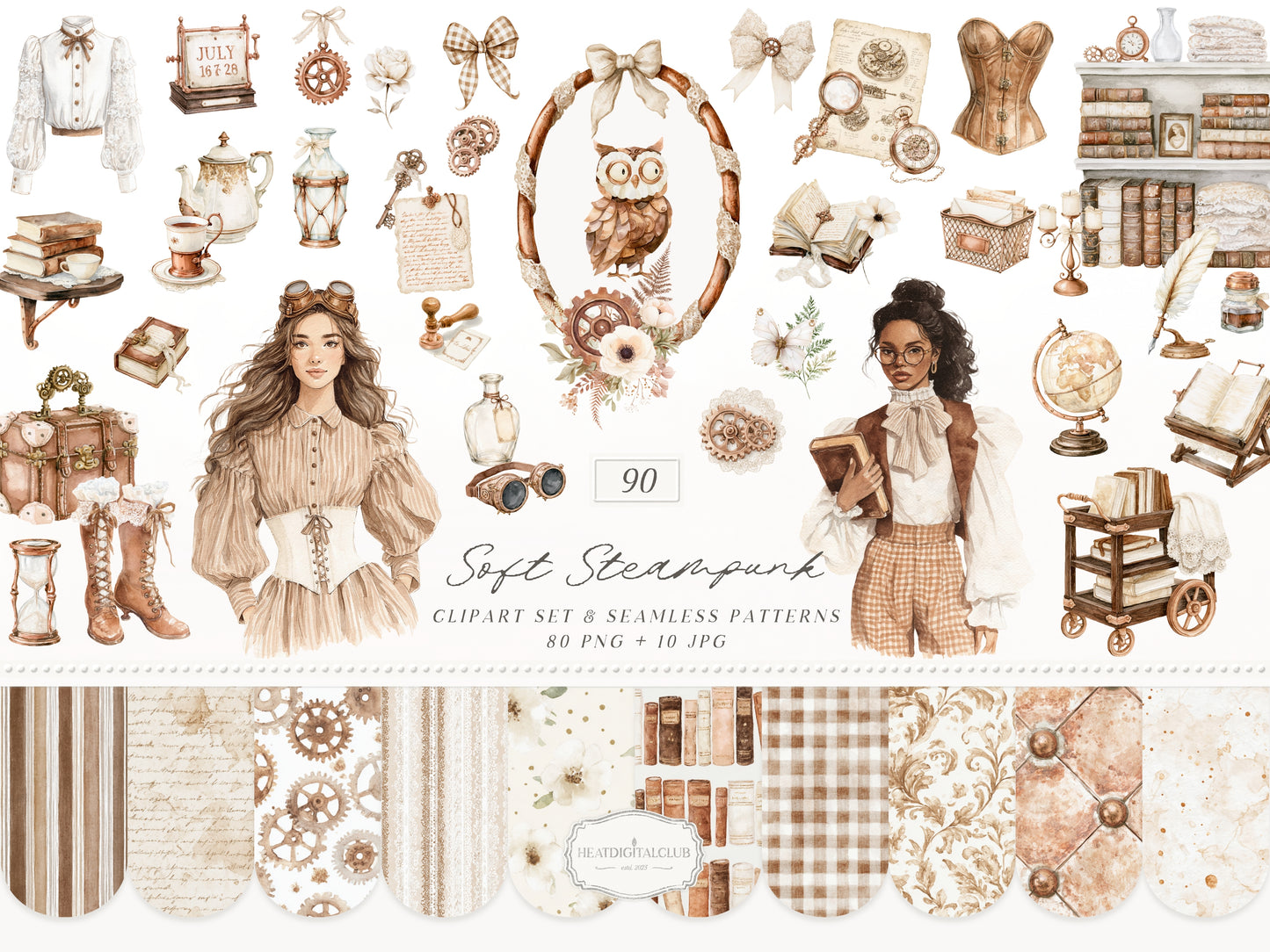 Soft Steampunk - Clipart, Feminine Steampunk, Victorian Clip Art Ephemera, Books, Fantasy | 90 PNG/JPEG