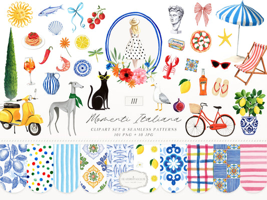 Momenti Italiana -Clipart, Mediterranean Summer, Lemon Italy, Coastal Vacation Elements, Italian Aesthetic, Dolce Vita | 111 PNG/JPEG