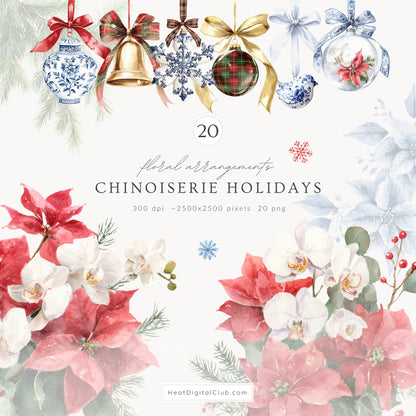 Chinoiserie Holidays - Collection Bundle, Christmas, Tartan,  Grandmillennial  | 96 PNG/JPEG