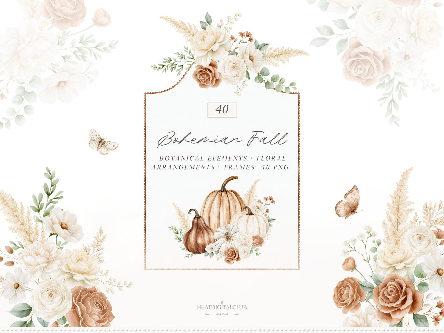 Bohemian Fall - Boho Autumn Clipart Bundle, Western Fall Graphics,Pumpkin Clipart, Cottage Fall | 114 PNG/JPEG