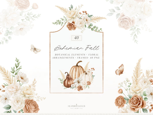 Bohemian Fall -Floral Arrangements Clipart, Autumn Botanical Elements, Cream Rose, Boho Fall Frames | 40 PNG