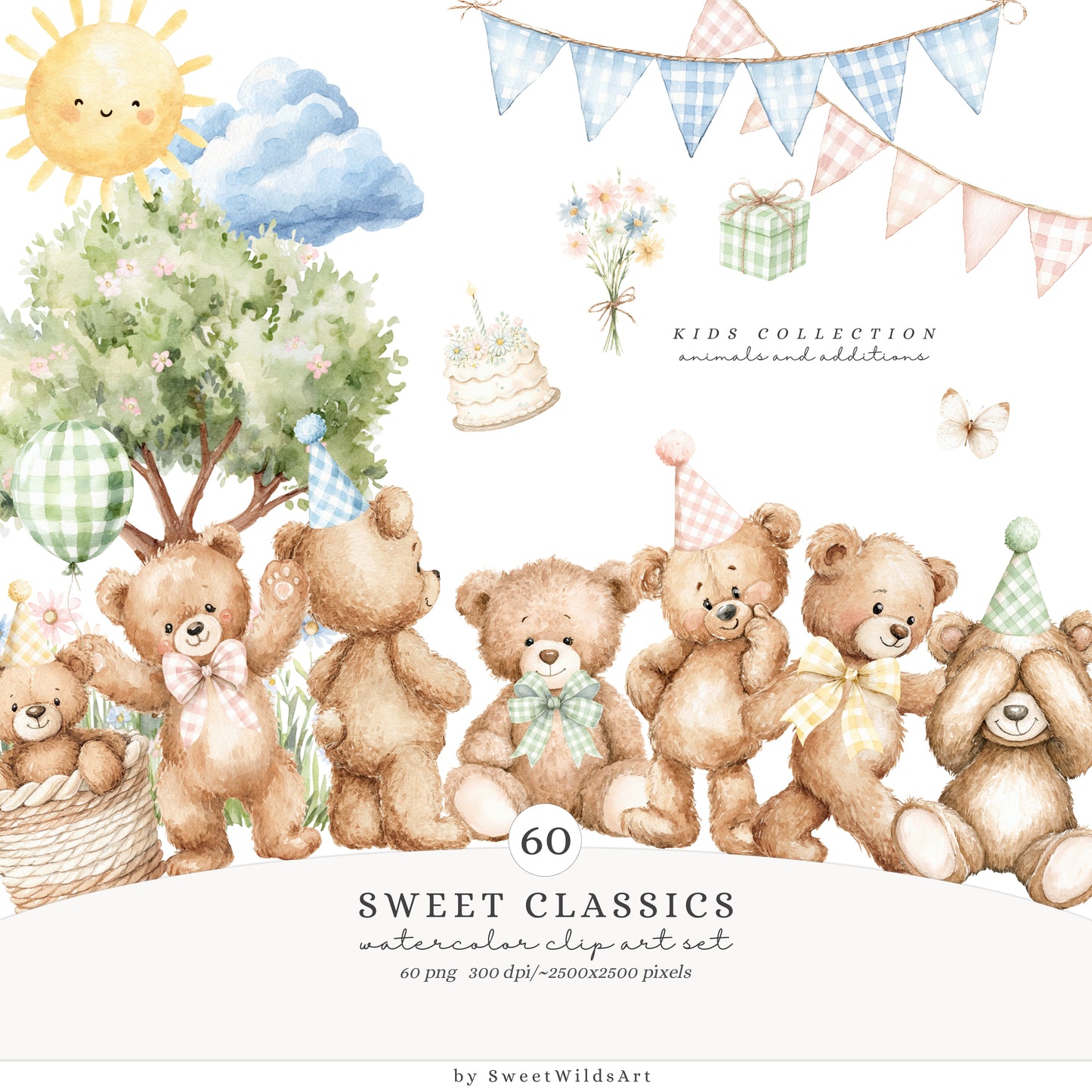 Sweet Classics - Teddy Bear Clipart Bundle, Pastel Birthday Toys, Cute Baby Animals, Nursery | 108 PNG/JPEG