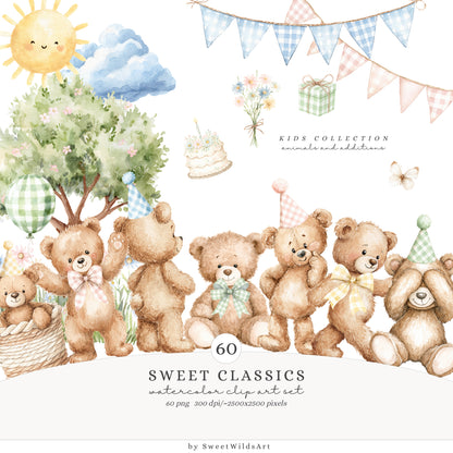 Sweet Classics - Teddy Bear Clipart Bundle, Pastel Birthday Toys, Cute Baby Animals, Nursery | 108 PNG/JPEG