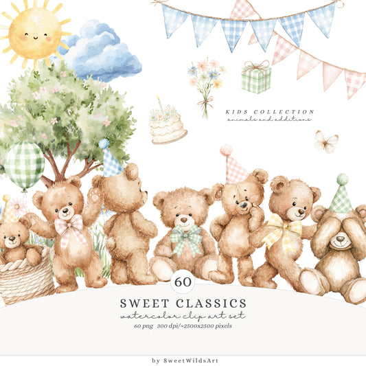 Sweet Classics - Teddy Bear Clipart, Pastel Birthday Bears Toys, Cute Baby Animals, Sweet Nursery | 60 PNG