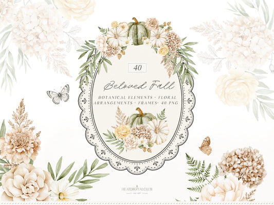 Beloved Fall - Autumn Floral Arrangements Clipart, Pumpkin Flowers, Neutral Fall Flowers, Botanical |