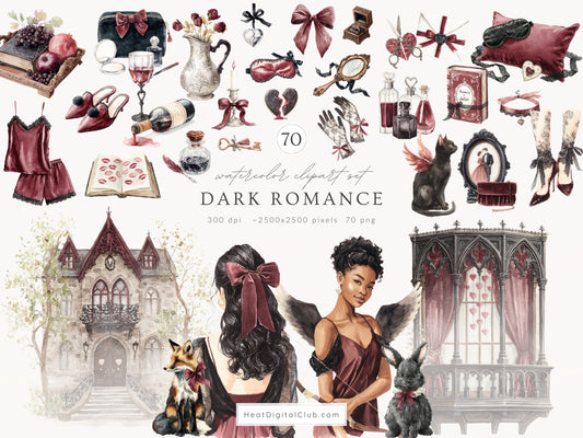 Dark Romance - Clipart Set, Gothic Valentine's Day, Cottagecore Aesthetic, Vintage Love | 70 PNG