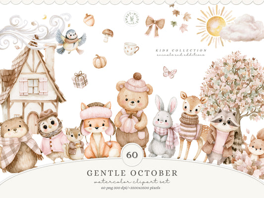 Gentle October - Watercolor Fall Animals Clipart Bundle, Kids Woodland PNG Collection | 60 PNG
