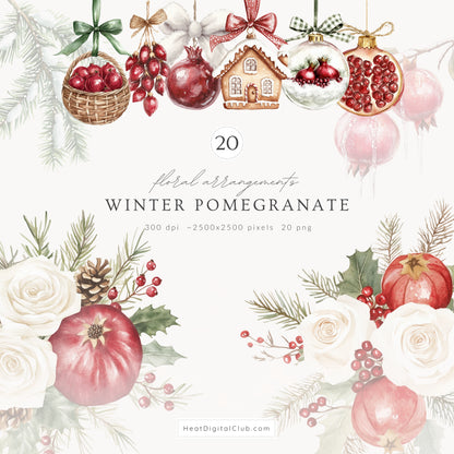 Winter Pomegranate - Collection Bundle, Christmas, Holiday Fruits, Rustic Xmas | 90 PNG/JPEG