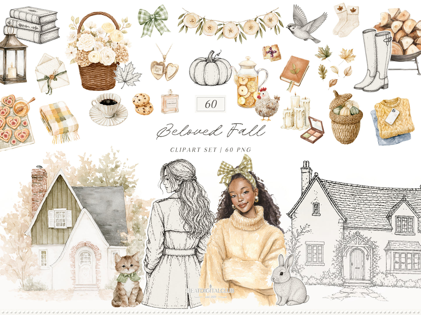 Beloved Fall - Autumn Clipart Bundle, Fall Clipart & Patterns, Floral Set, Cozy Fall Graphics | 114 PNG/JPEG