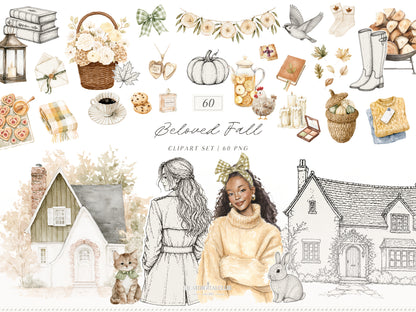 Beloved Fall - Autumn Clipart Bundle, Fall Clipart & Patterns, Floral Set, Cozy Fall Graphics | 114 PNG/JPEG