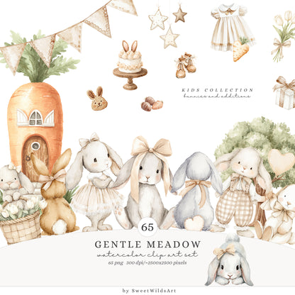 Gentle Meadow - Bundle Clipart, Easter Rabbits, Spring, Neutral Cottagecore, Baby Shower, Nursery | 106 PNG/JPEG