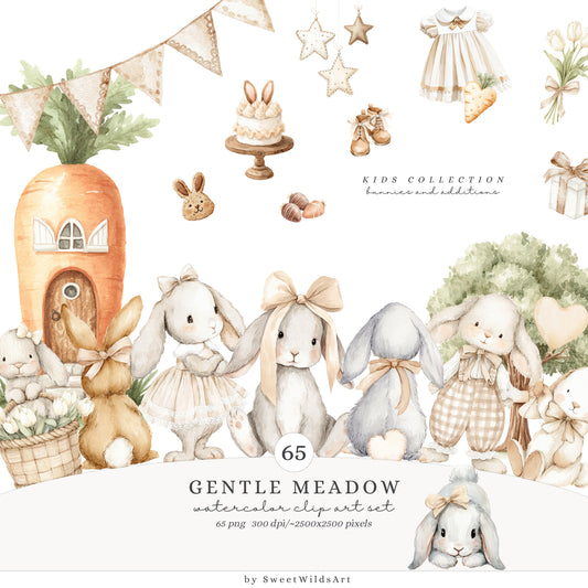 Gentle Meadow - Bunny Clipart, Cute Easter Rabbits, Neutral Cottagecore, Baby Shower, Nursery | 65 PNG