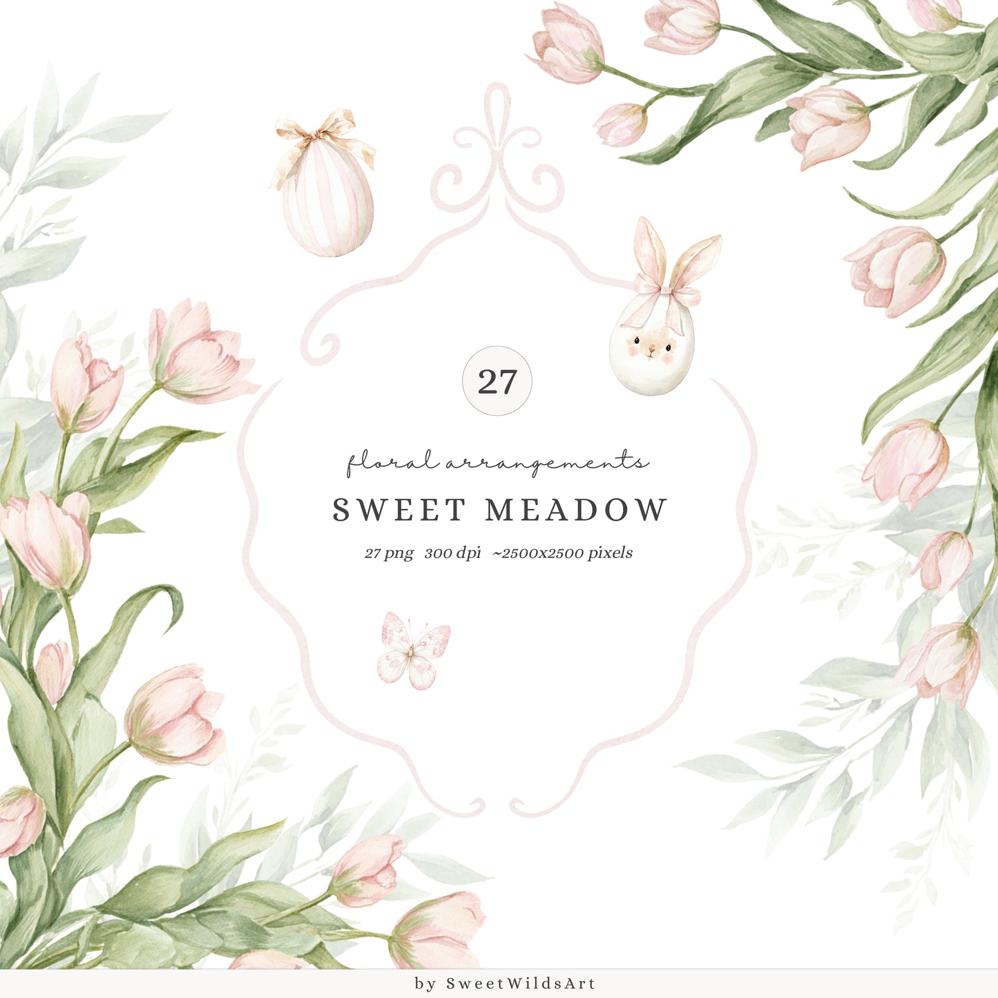 Sweet Meadow - Floral Arrangements Clipart, Spring Tulips, Pink Cottage, Easter Bouquet, Nursery