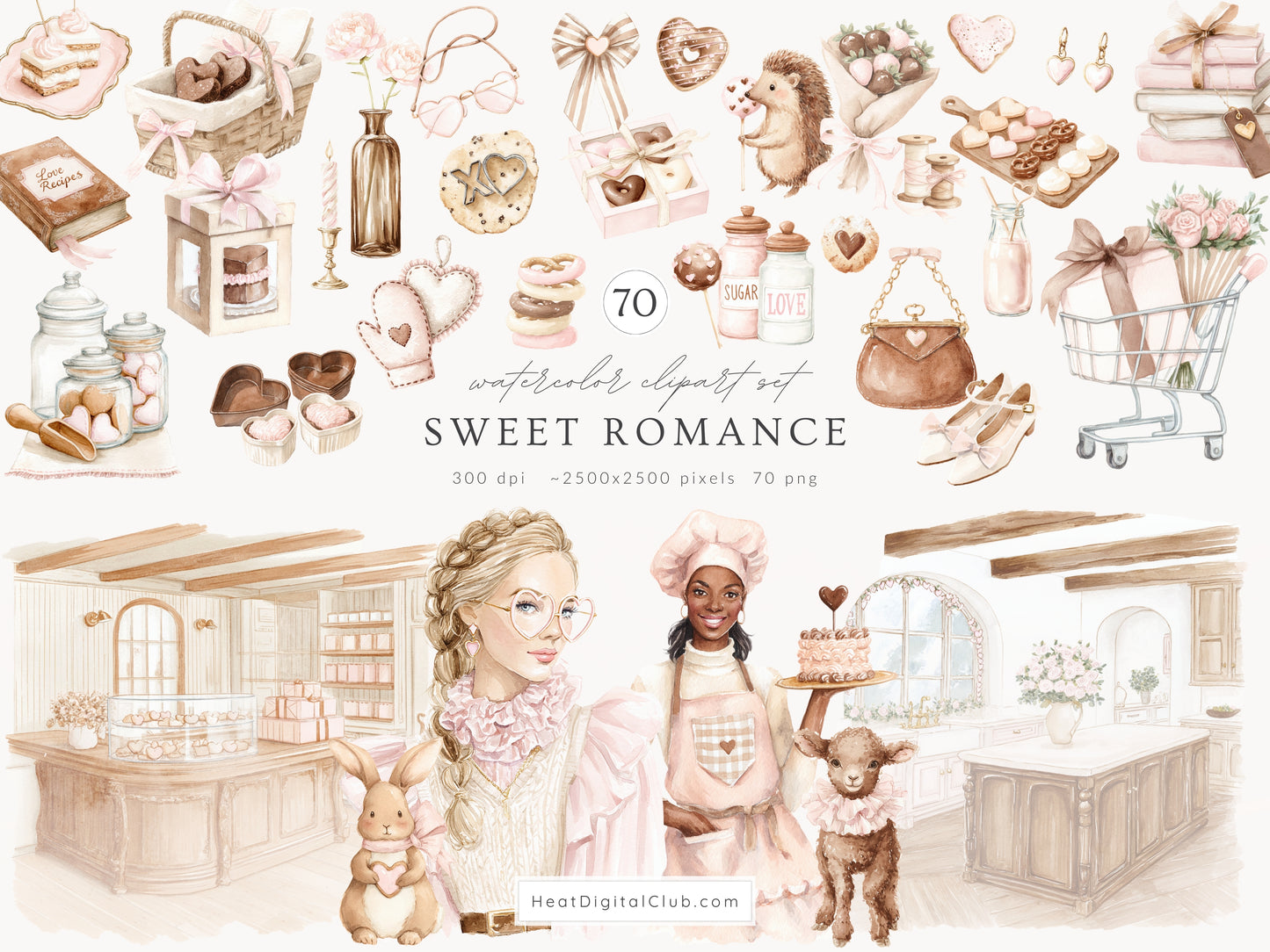 Sweet Romance - Valentine's Day Bakery Clipart, Romantic Baking Illustrations, Love  | 110 PNG/JPEG
