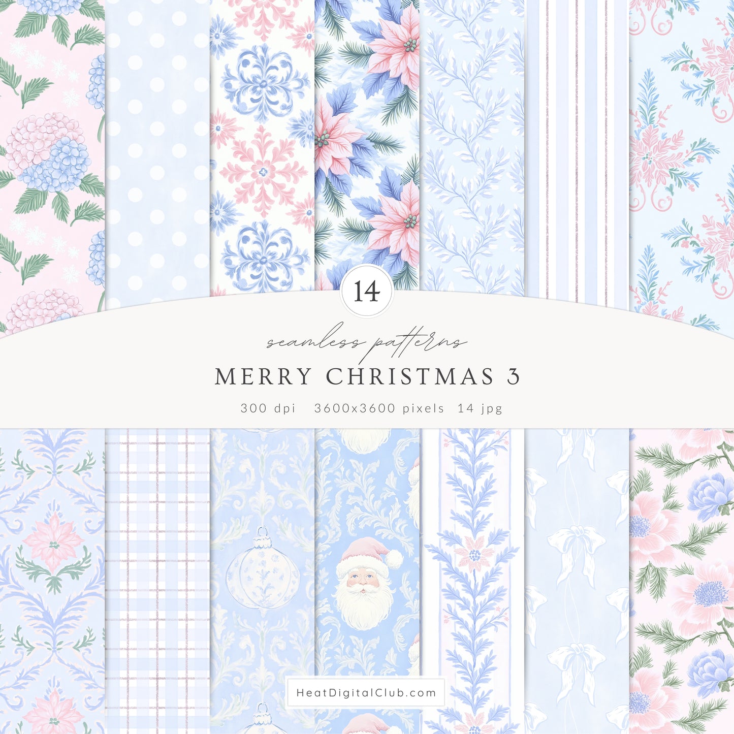 Merry Christmas - Seamless Patterns Bundle, Grandmillennial Holiday, Stripes, Plaid | 56 JPEG