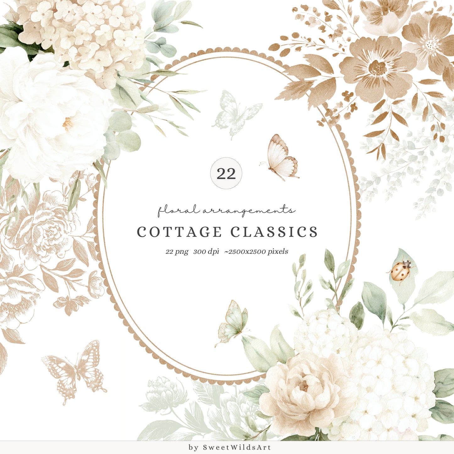 Cottage Classics - Floral Arrangements Clipart, Hydrangea Floral, Toile, Rustic Countryside | 22 PNG