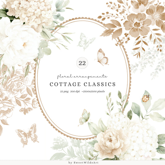Cottage Classics - Floral Arrangements Clipart, Hydrangea Floral, Toile, Rustic Countryside | 22 PNG