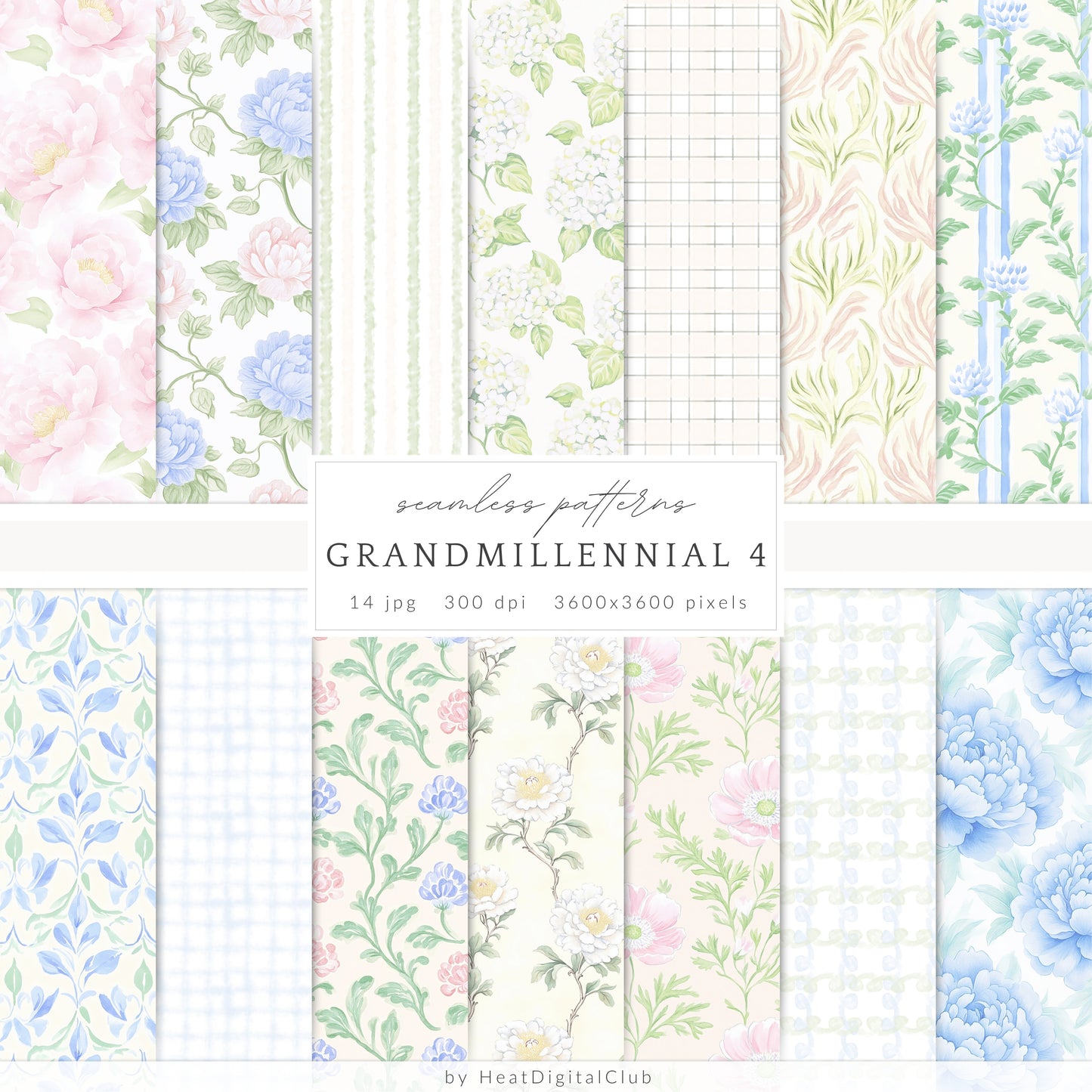 Grandmillennial - Seamless Patterns Bundle, Pastel Floral, Stripes, Plaid, Glitter | 56 JPEG