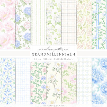 Grandmillennial - Seamless Patterns Bundle, Pastel Floral, Stripes, Plaid, Glitter | 56 JPEG