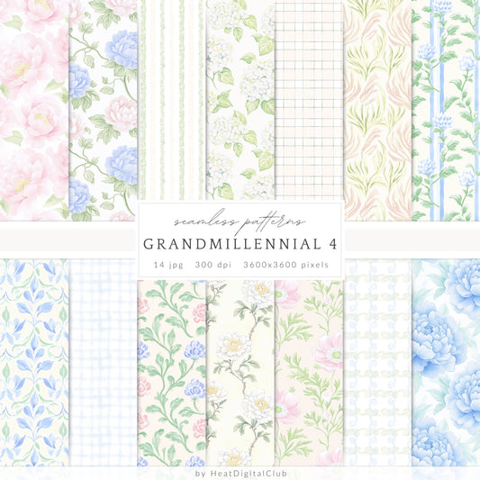 Grandmillennial - Seamless Patterns, Set 4, Pastel Floral, Stripes, Plaid, Glitter | 14 JPEG
