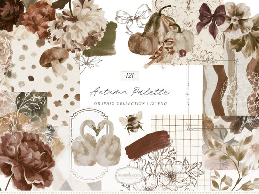 Autumn Palette - Clipart, Vintage Fall Backgrounds, Botanical Bundle | 121 PNG