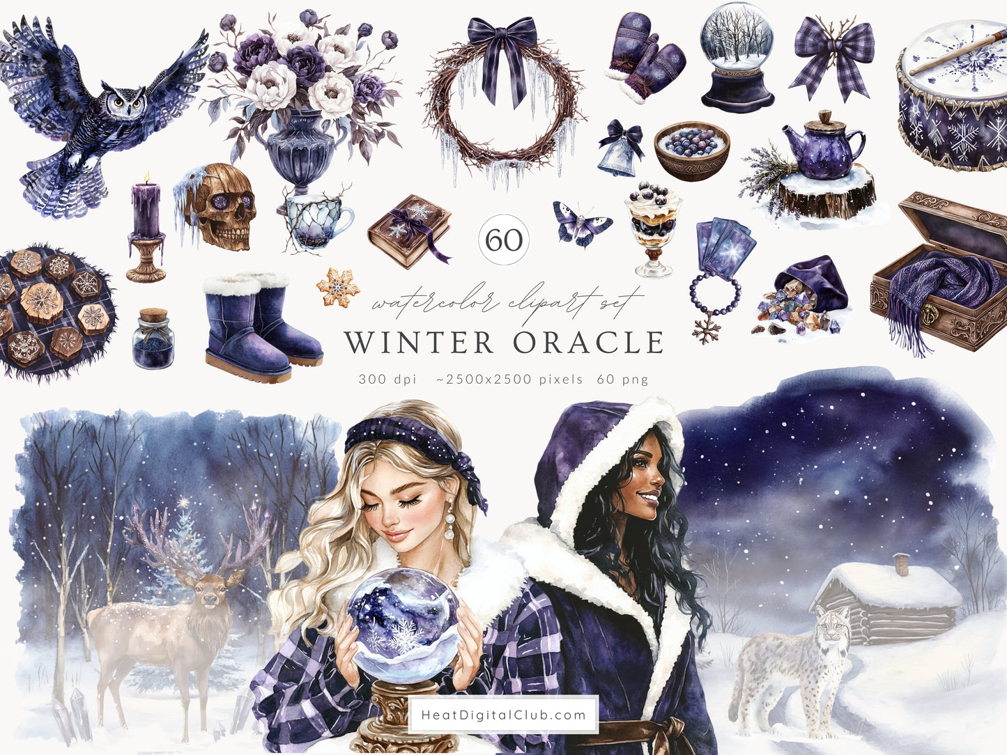 Winter Oracle - Watercolor Clipart, Magical, Snow Forest Witchy, Mystical | 60 PNG