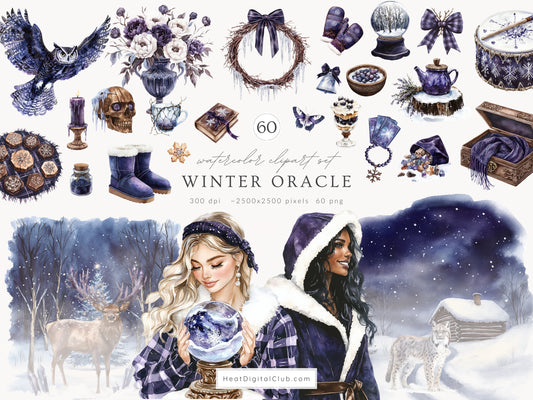 Winter Oracle - Watercolor Clipart, Magical, Snow Forest Witchy, Mystical | 60 PNG