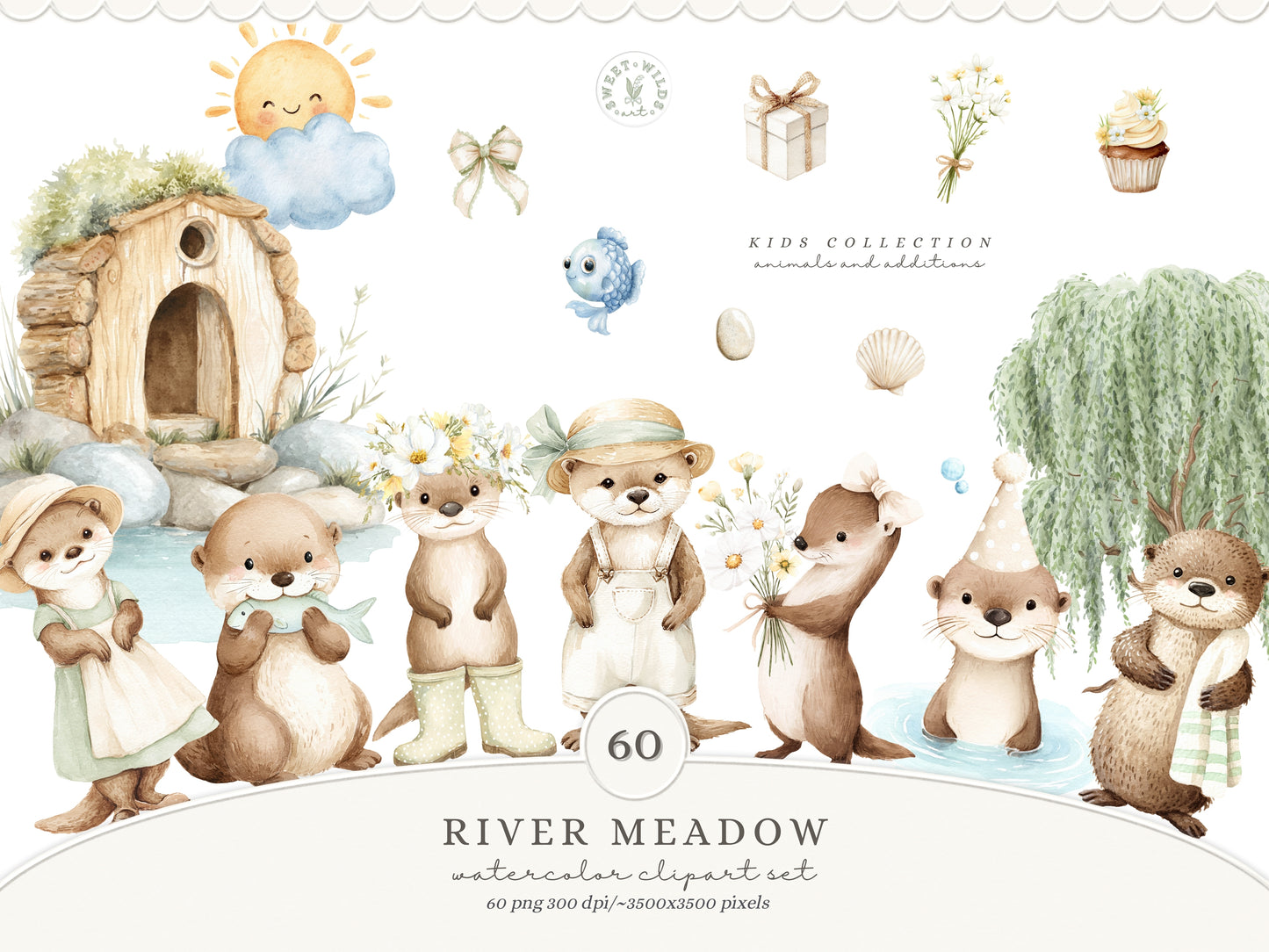 River Meadow - Otter Clipart Bundle, Cute River Animals, Baby Otter, Woodland Nursery, Spring | 104 PNG/JPEG