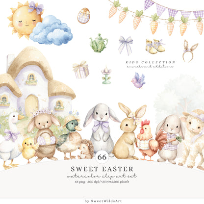 Sweet Easter - Bundle Clipart, Cute Baby Animals, Bunny, Pastel Spring Nursery, Cottagecore | 101 PNG/JPEG